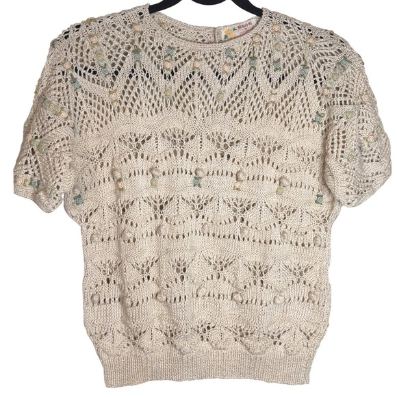 Vintage Handmade Pointelle Knit Short Sleeve Sweater M Openwork Cottage Rosettes - Picture 2 of 13